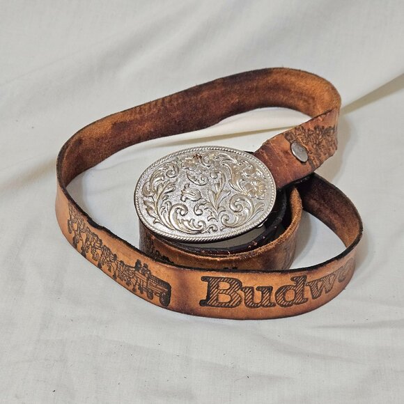 Budweiser Beer Vintage Leather Belt Appx 54" Long W/ Belt Buckle-- READ - Picture 1 of 10